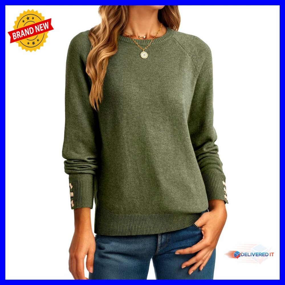 Casual Crewneck Pullover Sweater Lightweight Knit Button Sleeve Chic Minimal
